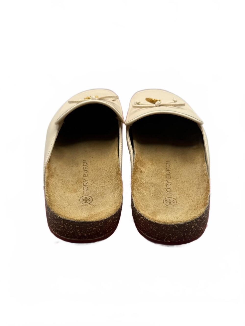 Tory Burch Ivory Leather Slip-On Mules with Gold Bow Accent - Picture 6 of 8